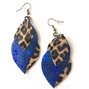 Handmade Earrings Cheetah Print Blue Sparkle 3.5”